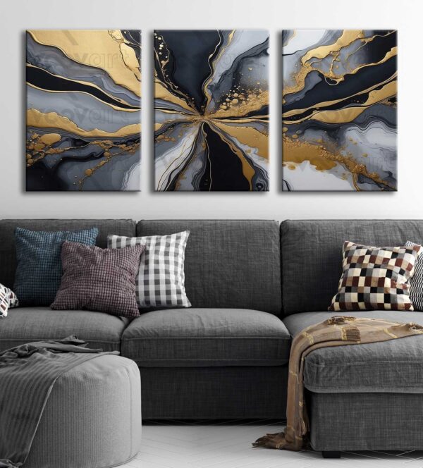 Gold Black Abstract Kanvas Tablo - 3'lü Canvas Tablo Seti - VOOV4340