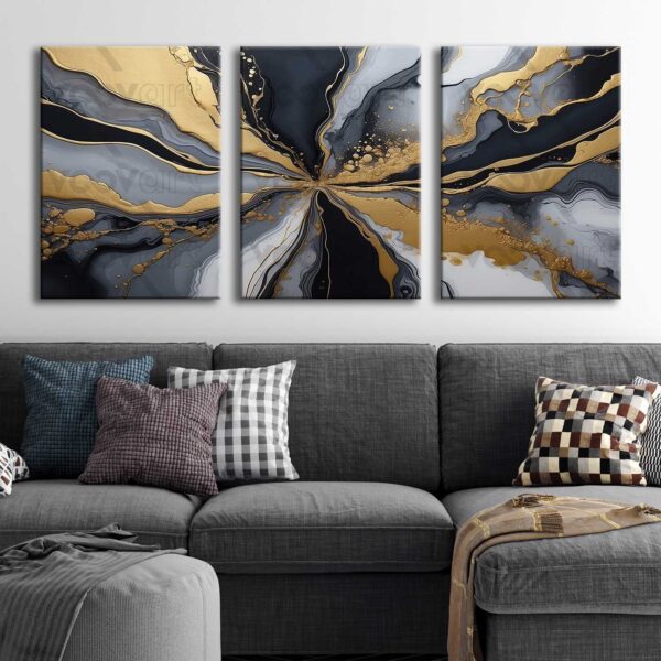 Gold Black Abstract Kanvas Tablo - 3'lü Canvas Tablo Seti - VOOV4340