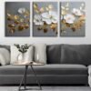 Gold Yapraklı Beyaz Çiçekler Kanvas Tablo - 3'lü Canvas Tablo Seti - VOOV4346