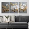 Gold Yapraklı Beyaz Çiçekler Kanvas Tablo - 3'lü Canvas Tablo Seti - VOOV4346