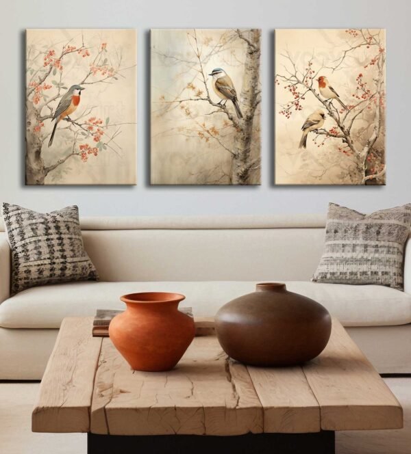 Dekoratif Kuşlar Kanvas Tablo - 3'lü Canvas Tablo Seti - VOOV4347