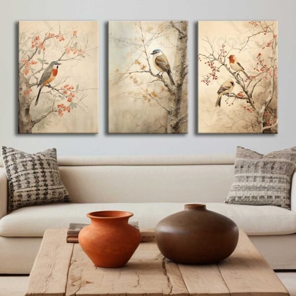 Dekoratif Kuşlar Kanvas Tablo - 3'lü Canvas Tablo Seti - VOOV4347