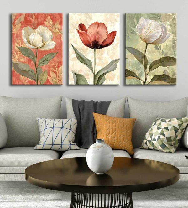 Soyut Çiçekler Kanvas Tablo - 3'lü Canvas Tablo Seti - VOOV4349