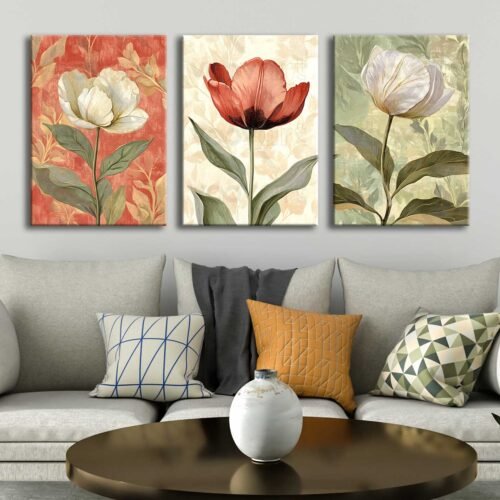 Soyut Çiçekler Kanvas Tablo - 3'lü Canvas Tablo Seti - VOOV4349