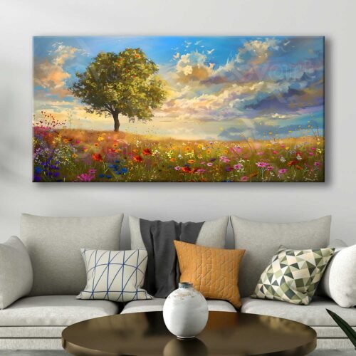 Kır Çiçekleri ve Ağaç Manzarası Dekoratif Kanvas Tablo - VOOV3080