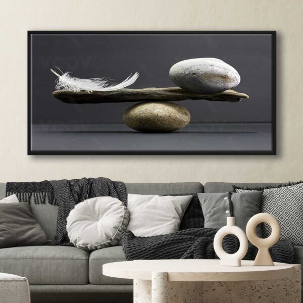 art1272-2 70x140cm Siyah Çerçeveli Taş ve Tüy Denge Dekoratif Kanvas Tablo - ART1272