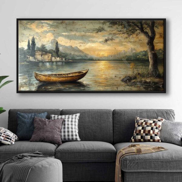 70x140cm Siyah Çerçeveli Sandallı Sahil Kasabası Manzarası Dekoratif Kanvas Tablo - ART1275