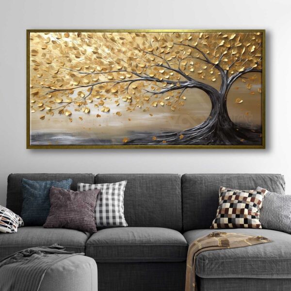 70x140cm Eskitme Gold Çerçeveli Ağaç Dekoratif Kanvas Tablo - ART1285