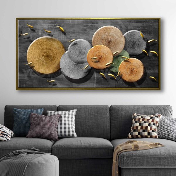 70x140cm Eskitme Gold Çerçeveli Ahşap Daireler ve Gold Balıklar Dekoratif Kanvas Tablo - ART1286