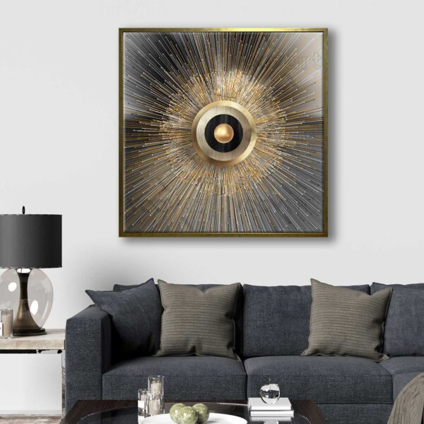 95x95cm Eskitme Gold Çerçeveli Modern Lüks Altın Geometrik Soyut Dekoratif Kanvas Tablo - ART1288