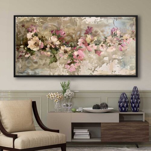 70x140cm Siyah Çerçeveli Soyut Çiçekler Dekoratif Kanvas Tablo - ART1305