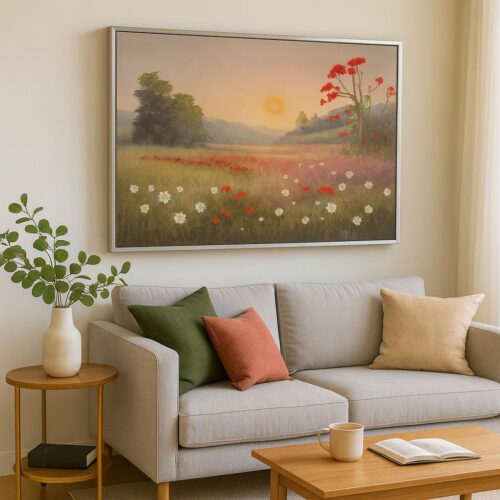 70x100cm Gümüş Çerçeveli Dokulu Papatyalar ve Doğa Dekoratif Tablo - ART1269