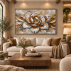 Eskitme Ahşap Çerçeveli - 100x150cm Eskitme Gold Görünümlü Soyut Çiçek Kanvas Tuval Tablo - VOOV9134