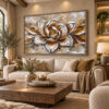 Eskitme Ahşap Çerçeveli - 100x150cm Eskitme Gold Görünümlü Soyut Çiçek Kanvas Tuval Tablo - VOOV9134