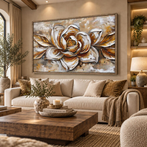 Eskitme Ahşap Çerçeveli - 100x150cm Eskitme Gold Görünümlü Soyut Çiçek Kanvas Tuval Tablo - VOOV9134