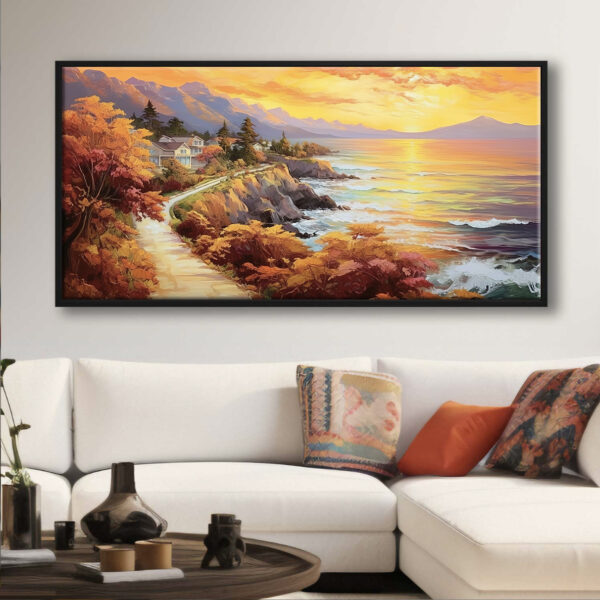 70x140cm Siyah Çerçeveli Sahil Kasabası Gün Batımı Dekoratif Kanvas Tablo - AR5004