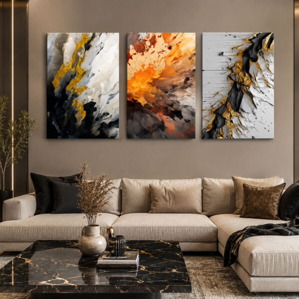 Altın Enerji Kanvas Duvar Tablosu - 3'lü Canvas Tablo Seti - VOOV4352