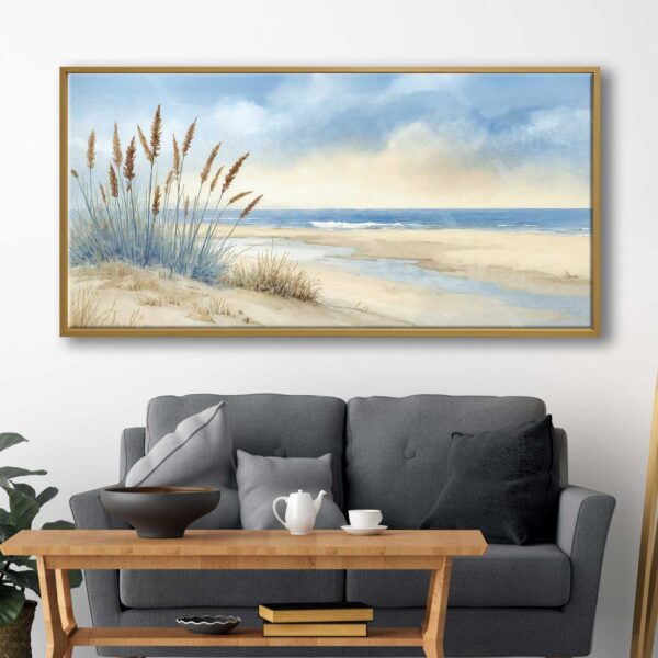 70x140cm Eskitme Gold Çerçeveli Sahil Manzarası Dekoratif Kanvas Tablo - ART1333