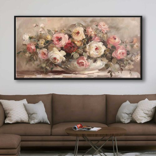 70x140cm Siyah Çerçeveli Vazoda Çiçekler Dekoratif Kanvas Tablo - ART1334