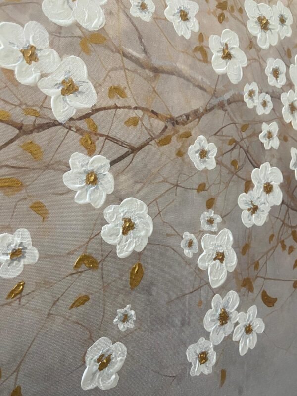 70x100cm Gold Çerçeveli Dokulu Dekoratif Beyaz Çiçekli Ağaç Tablo - ART2525