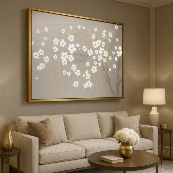 70x100cm Gold Çerçeveli Dokulu Dekoratif Beyaz Çiçekli Ağaç Tablo - ART2525