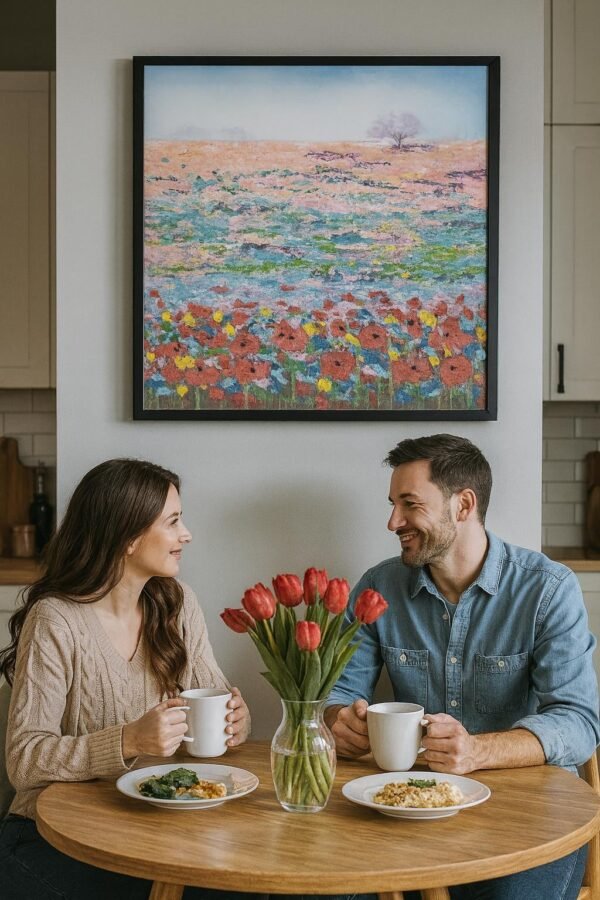 85x85cm Siyah Çerçeveli Yağlıboya Dokulu Soyut Çiçek Tarlası Dekoratif Tablo - ART3825