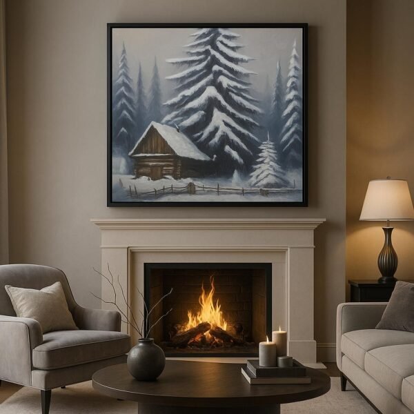 95x95cm Siyah Çerçeveli Akrilik Dokulu Kış Manzarası Dekoratif Tablo - ART3425