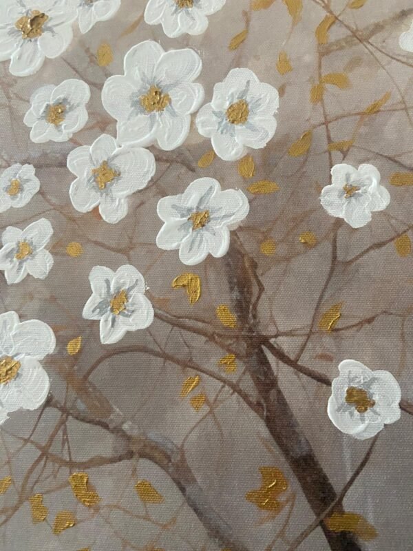 70x100cm Gold Çerçeveli Dokulu Dekoratif Beyaz Çiçekli Ağaç Tablo - ART2525