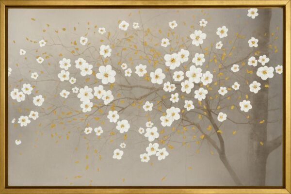 70x100cm Gold Çerçeveli Dokulu Dekoratif Beyaz Çiçekli Ağaç Tablo - ART2525