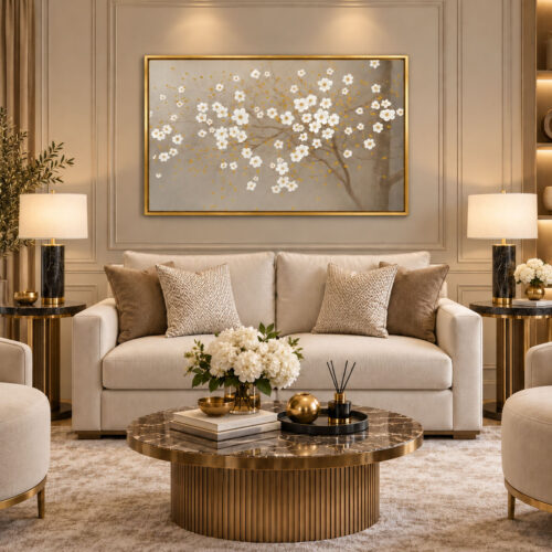 Eskitme Gold Çerçeveli 70x100cm Kabartma Dokulu Beyaz Çiçekli Ağaç Tablo - ART2525
