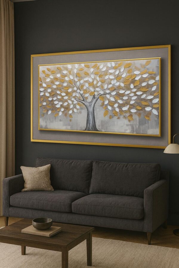 70x120cm Gold Çerçeveli Akrilik Dokulu Dekoratif Ağaç Kanvas Tablo - ART6001