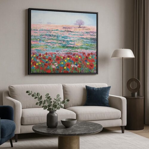 85x85cm Siyah Çerçeveli Yağlıboya Dokulu Soyut Çiçek Tarlası Dekoratif Tablo - ART3825