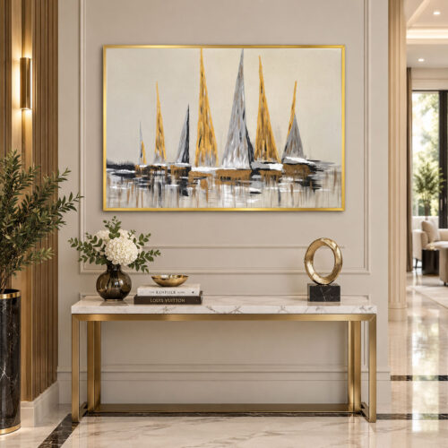 Gold Çerçeveli 65x90cm Kabartma Dokulu Soyut Yelkenliler Dekoratif Tablo - ART7002
