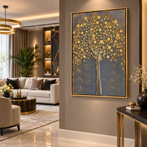 Eskitme Gold Çerçeveli 75x105cm Kabartma Dokulu Soyut Ağaç Dekoratif Tablo - ART7001
