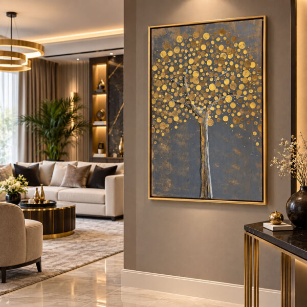 Eskitme Gold Çerçeveli 75x105cm Kabartma Dokulu Soyut Ağaç Dekoratif Tablo - ART7001