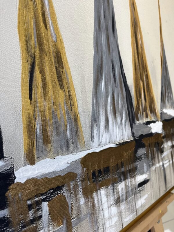 64x90cm Gold Çerçeveli Dokulu Soyut Yelkenliler Dekoratif Tablo - ART7002