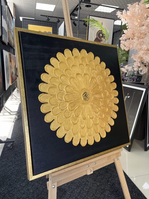 70x70cm Eskitme Gold Çerçeveli Dokulu Soyut Papatya Dekoratif Tablo - ART7005