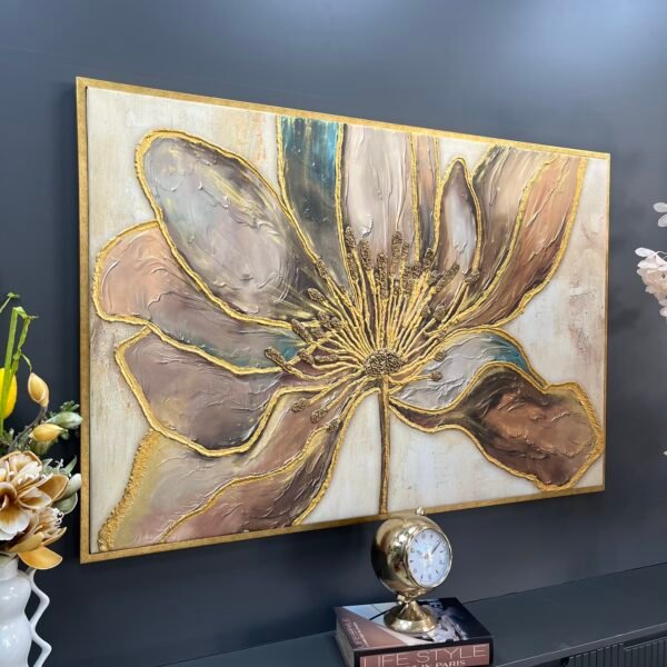 95x140cm Kabartma Dokulu Eskitme Gold Çerçeveli Muhteşem Cennet Çiçeği Dekoratif  Tablo - ART7010