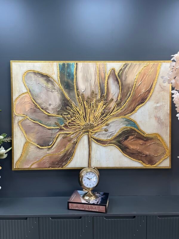 95x140cm Kabartma Dokulu Eskitme Gold Çerçeveli Muhteşem Cennet Çiçeği Dekoratif  Tablo - ART7010