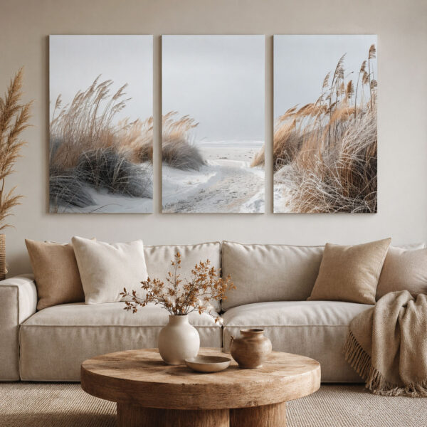 Sakin Kıyı Kanvas Duvar Tablosu - 3'lü Canvas Tablo Seti - VOOV4362