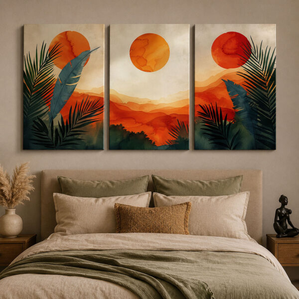 Tropik Gün Batımı Kanvas Duvar Tablosu - 3'lü Canvas Tablo Seti - VOOV4363