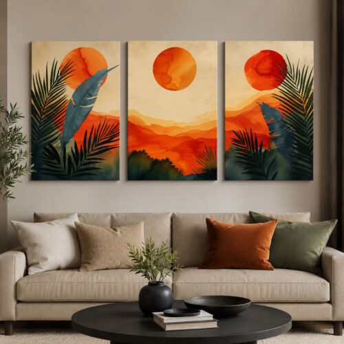 Tropik Gün Batımı Kanvas Duvar Tablosu - 3'lü Canvas Tablo Seti - VOOV4363