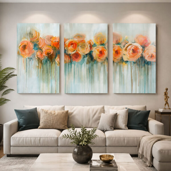 Pastel Çiçek Senfonisi Kanvas Duvar Tablosu - 3'lü Canvas Tablo Seti - VOOV4366