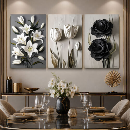 Monochrome Garden Kanvas Duvar Tablosu - 3'lü Canvas Tablo Seti - VOOV4376