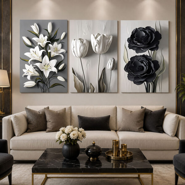 Monochrome Garden Kanvas Duvar Tablosu - 3'lü Canvas Tablo Seti - VOOV4376
