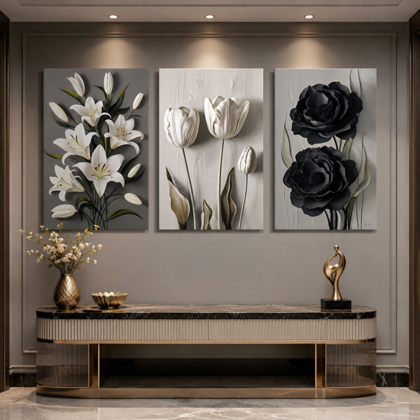 Monochrome Garden Kanvas Duvar Tablosu - 3'lü Canvas Tablo Seti - VOOV4376