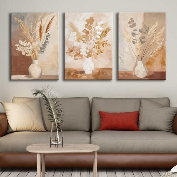 Modern Vazolar ve Çiçekler Kanvas Tablo - 3'lü Canvas Tablo Seti - VOOV4379