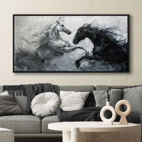 70x140cm Siyah Çerçeveli Muhteşem Atlar Dekoratif Kanvas Tablo - ART1271