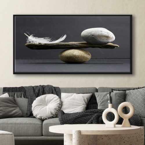 70x140cm Siyah Çerçeveli Taş ve Tüy Denge Dekoratif Kanvas Tablo - ART1272
