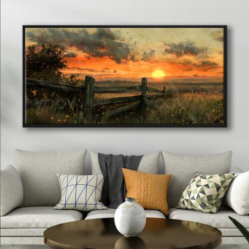 70x140cm Siyah Çerçeveli Gün Batımı Manzarası Dekoratif Kanvas Tablo - ART1274